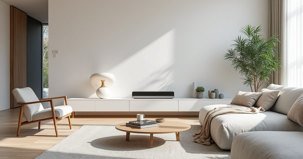 Modernes Wohnzimmer mit smarter Beleuchtung und vernetzten Geräten