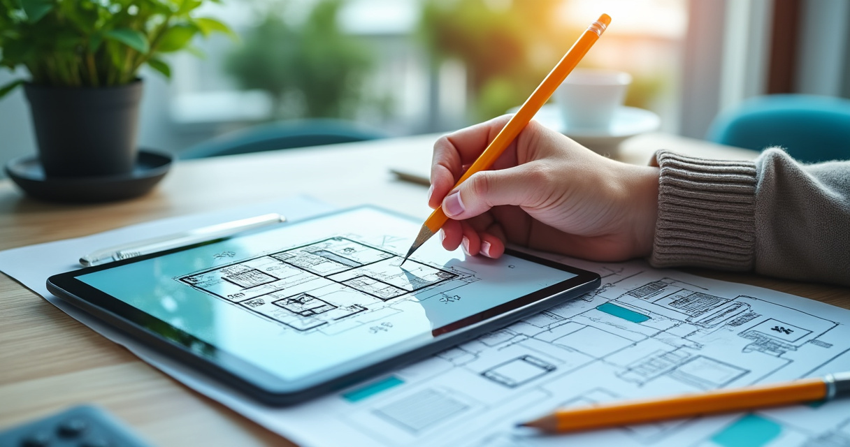 Smart-Home-Planung mit Blueprint und Devices auf Tisch