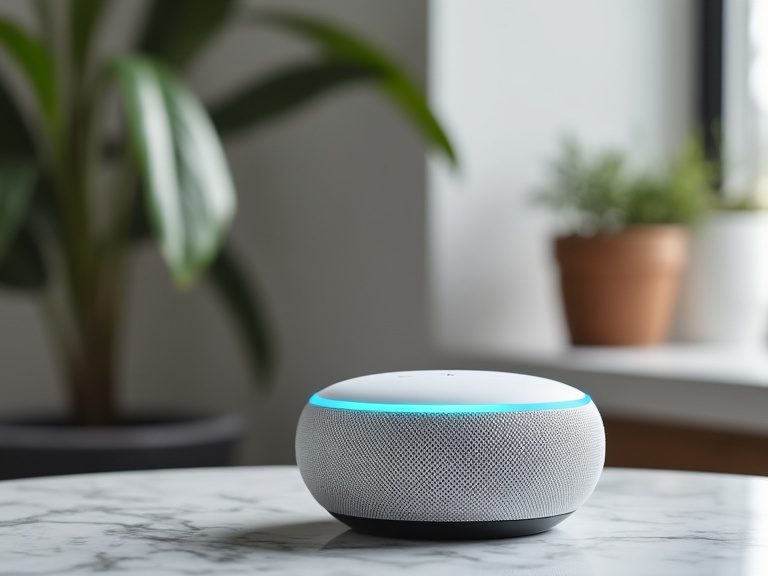 Smarter Lautsprecher mit Sprachassistent auf einem Sideboard